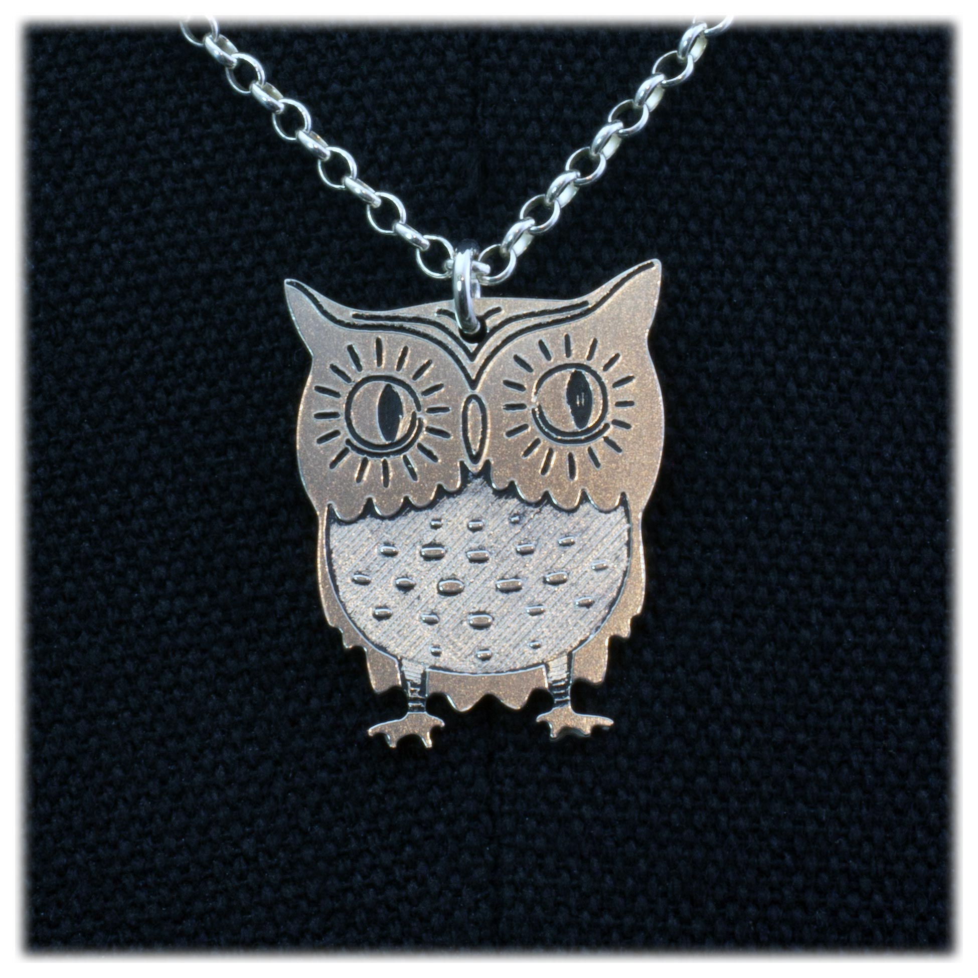 Sterling Silver Owl necklace by Hungry Knife. Front View.